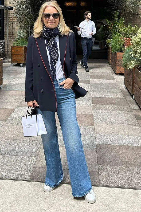 Long Black Coat With Classic Blue Wide Leg Jeans