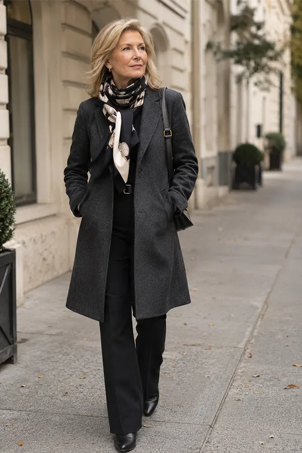 Long Grey Coat With A Silk Scarf And Tailored Trousers