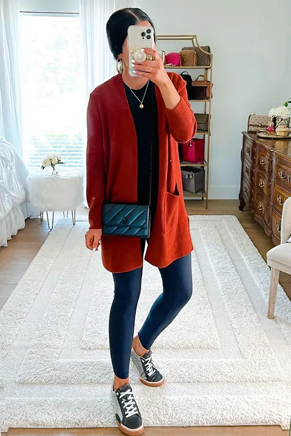 Long Red Cardigan With Black Basics