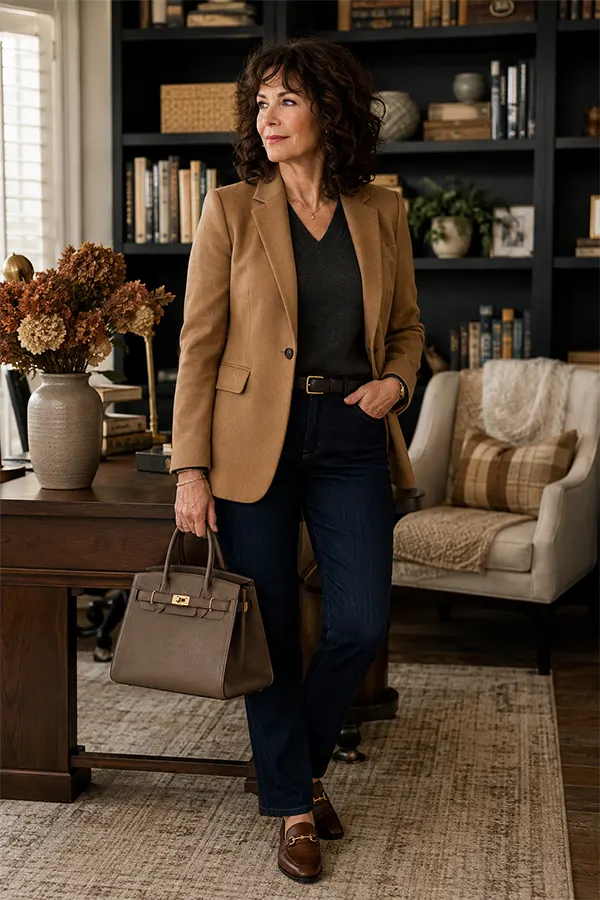 Make A Camel Blazer Feel Relaxed With Dark Jeans