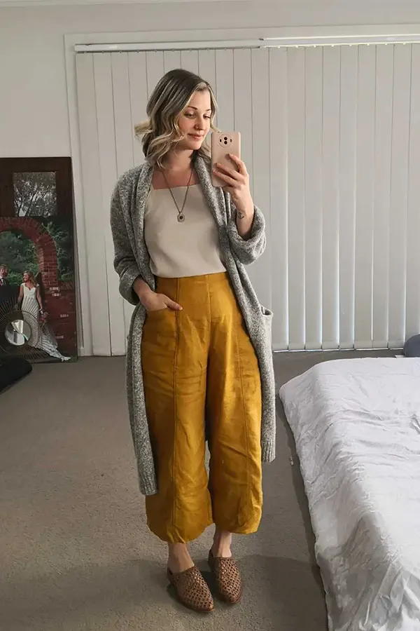 Mustard Pants With A Soft Gray Layer