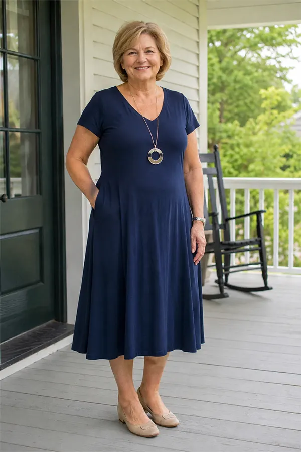 Navy Blue Midi Dress With A Simple A Line Silhouette