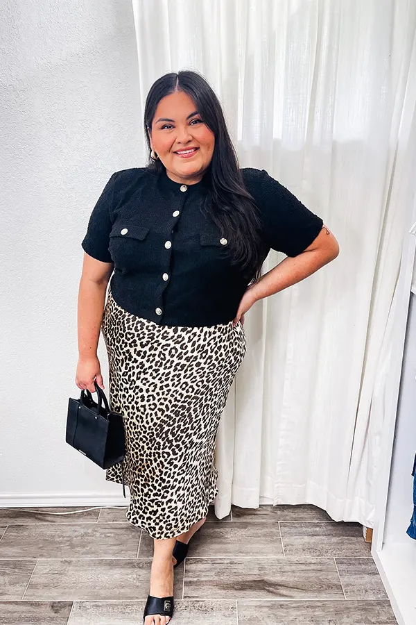 Navy Polo Top With Leopard Print Skirt
