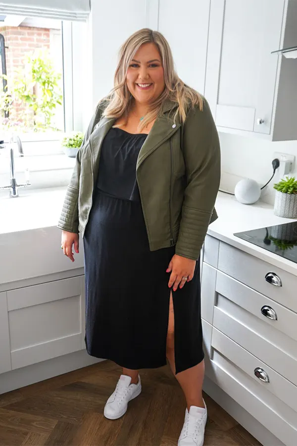 Olive Blazer With Black Dress And White Sneakers