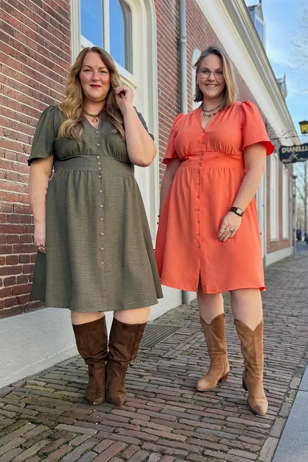Olive Dress And Coral Dress Fall Outfit Pairing