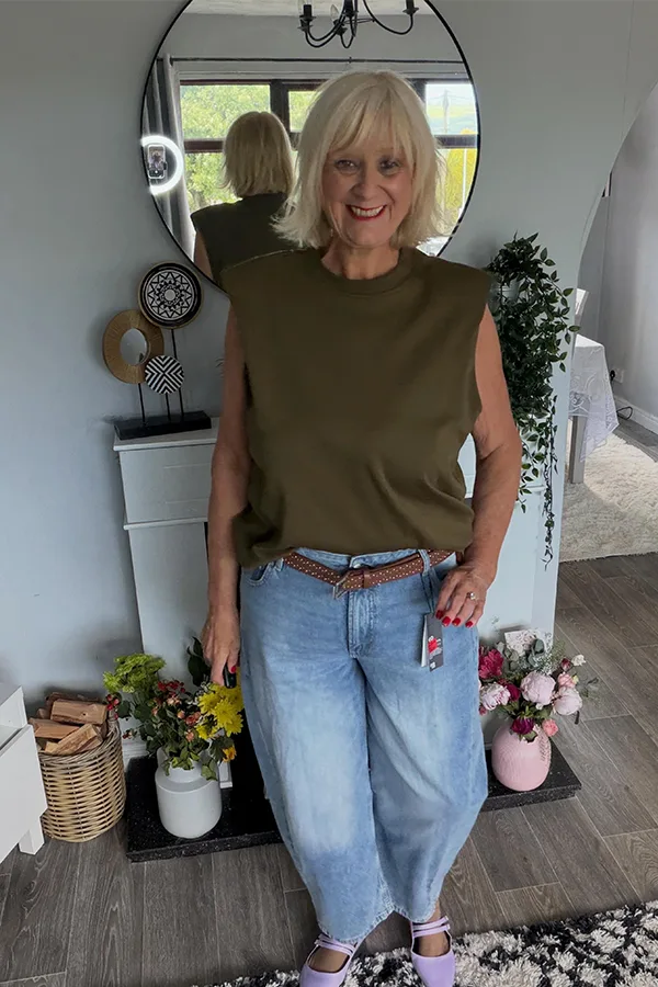 Olive Top With Cuffed Wide Leg Jeans