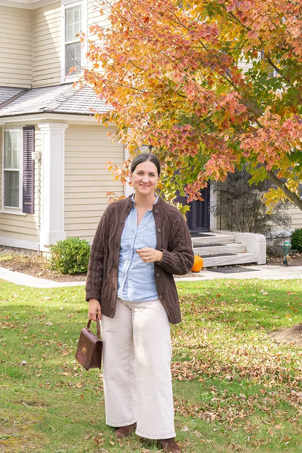 Pair Cream Wide Leg Pants With A Soft Brown Cardigan