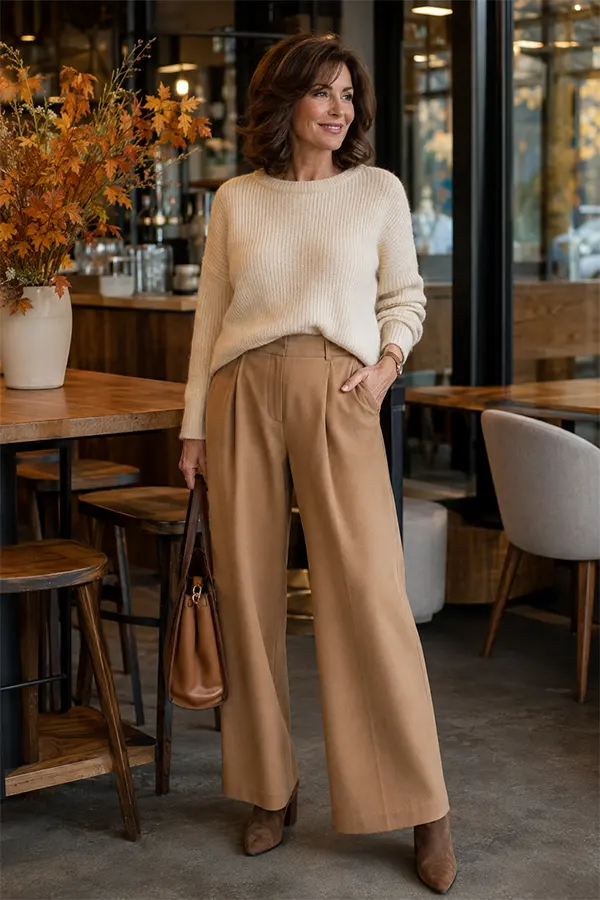 Pair A Cream Sweater With Fluid Camel Trousers
