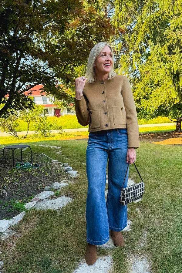 Pair A Cropped Tan Cardigan With Wide Leg Jeans