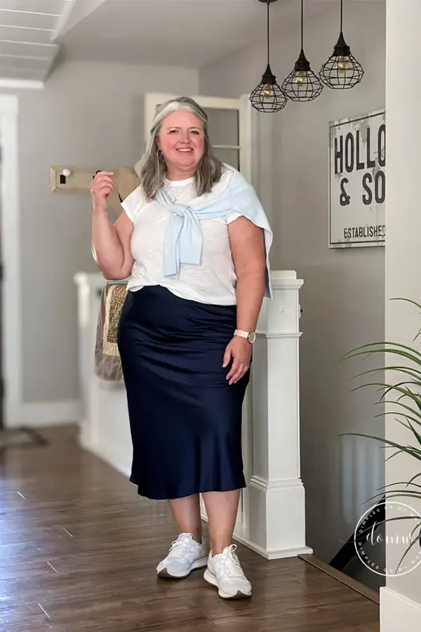 Pair A White Tee With A Navy Midi Skirt