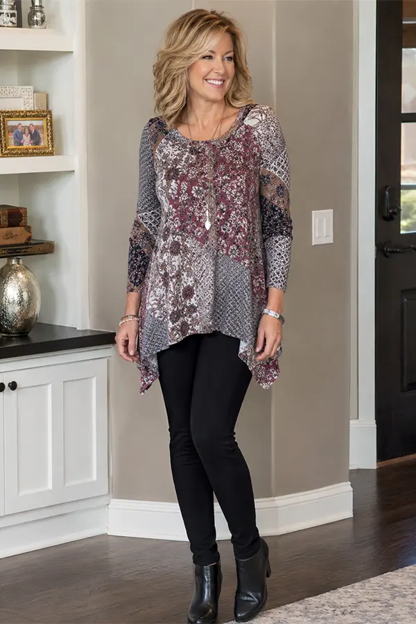 Patterned Tunic With Black Leggings And Ankle Boots