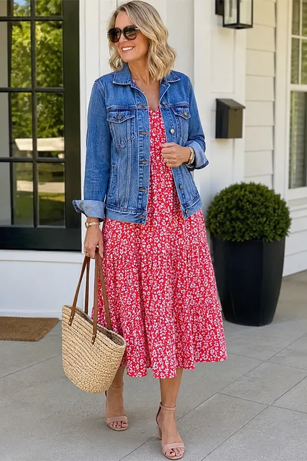 Pink Midi Dress With A Denim Jacket And Woven Tote