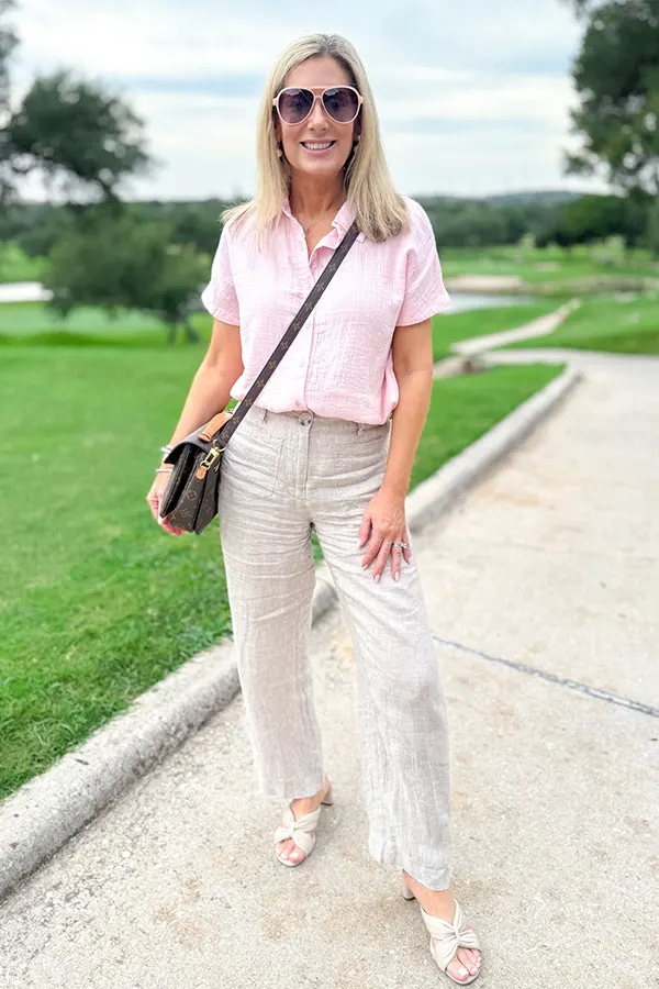 Pink Tee With Light Easy Linen Trousers