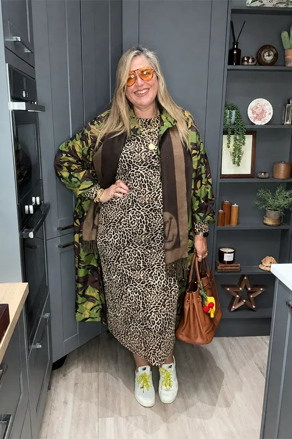 Printed Midi Dress With Green Layered Jacket