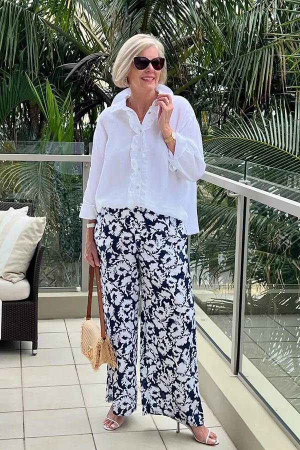 Printed Wide Leg Pants With A Crisp White Shirt