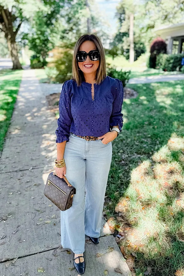 Purple Shirt With Pale Wide Leg Jeans