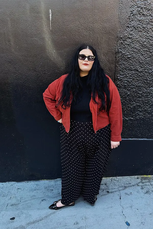 Red Jacket With Black Wide Leg Pants