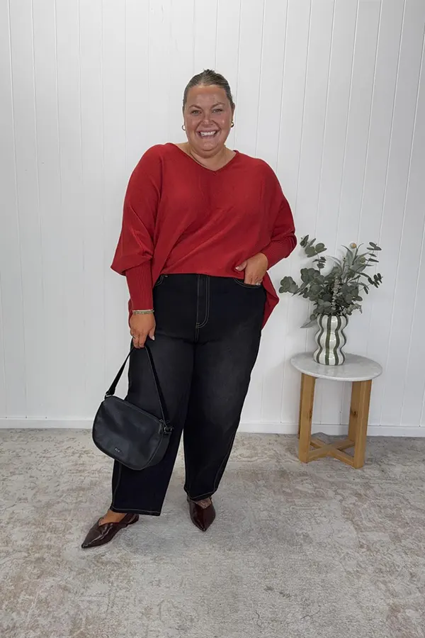 Red Sweater With Wide Leg Black Pants