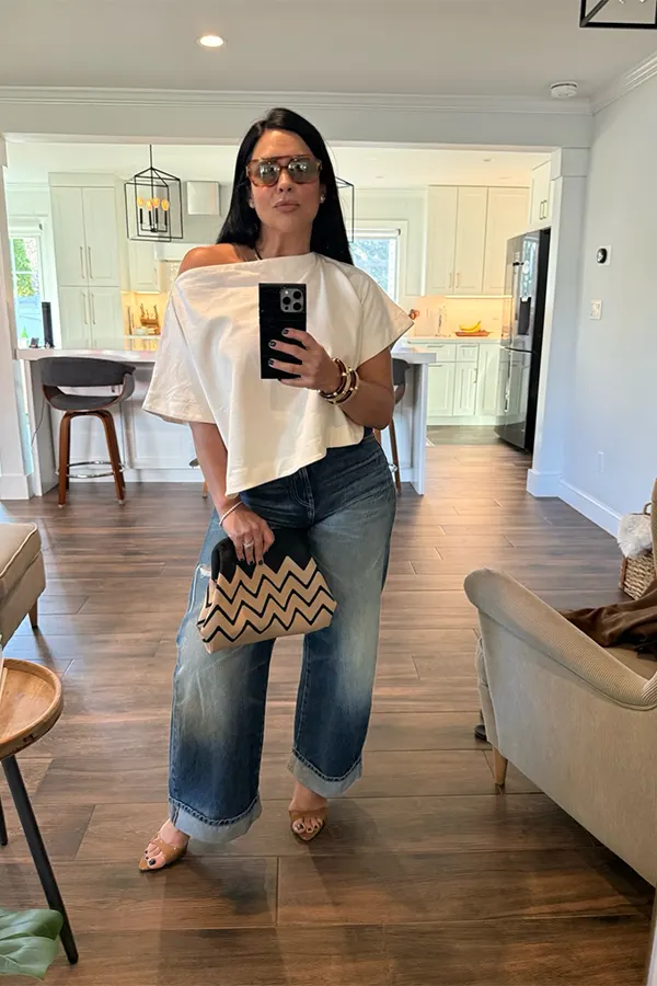 Relax A Night Out Look With A White Tee And Wide Leg Jeans