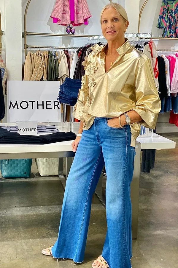 Satin Gold Shirt With Classic Blue Wide Leg Jeans