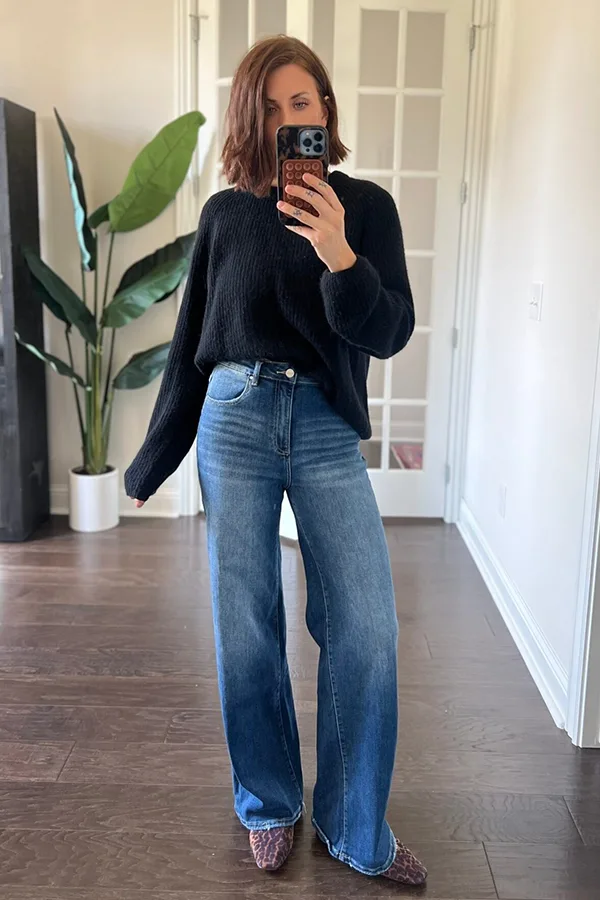 Simple Black Sweater With Bell Bottom Jeans