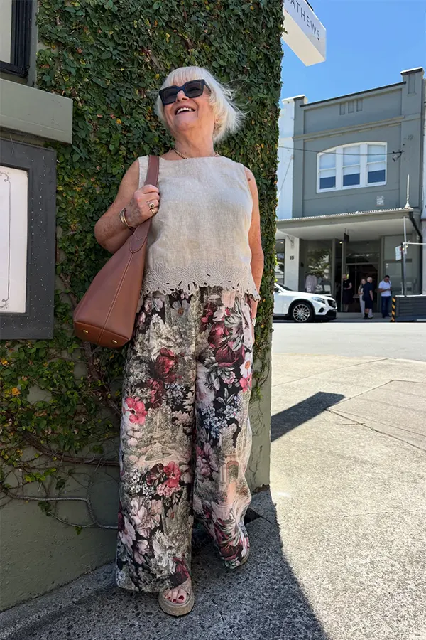 Sleeveless Neutral Top With Floral Linen Wide Leg Pants