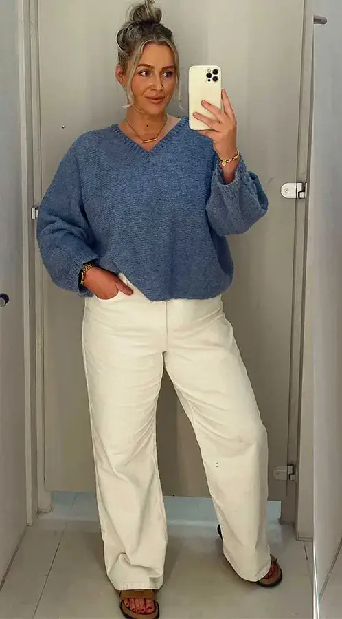 Soft Blue Sweater And White Wide Leg Pants For A Fresh Layered Look