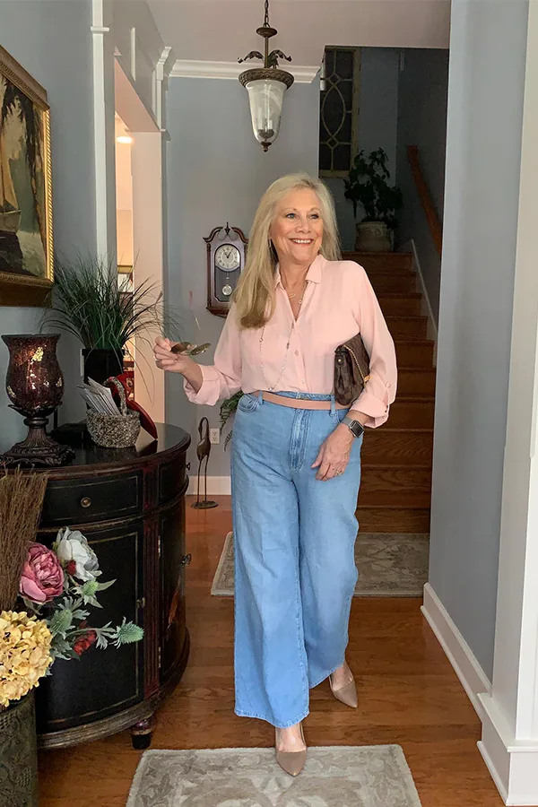 Soft Pink Blouse With Pale Wide Leg Jeans Pants