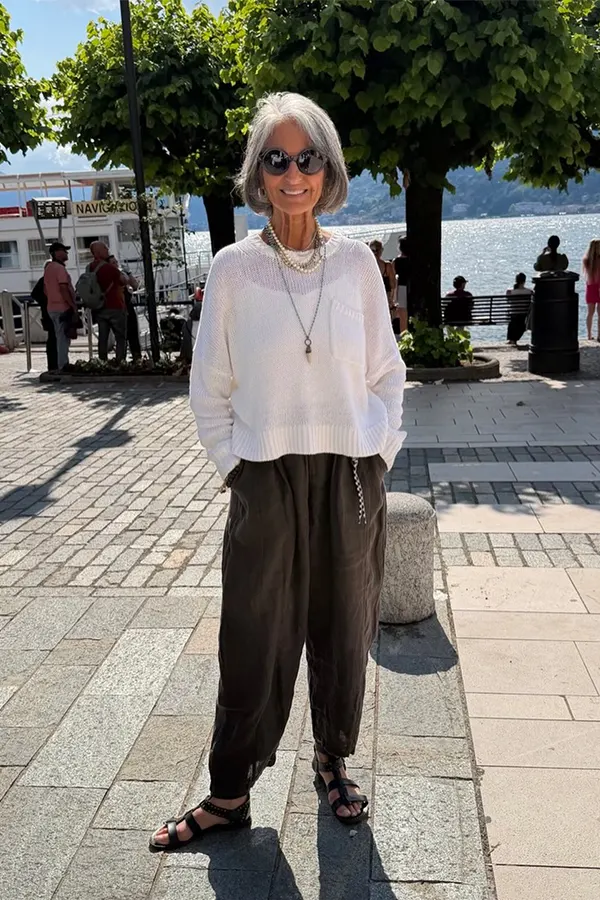 Soft White Knit With Dark Flowing Trousers