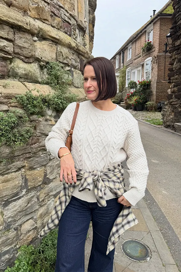 Soften Dark Jeans With A Cream Textured Sweater