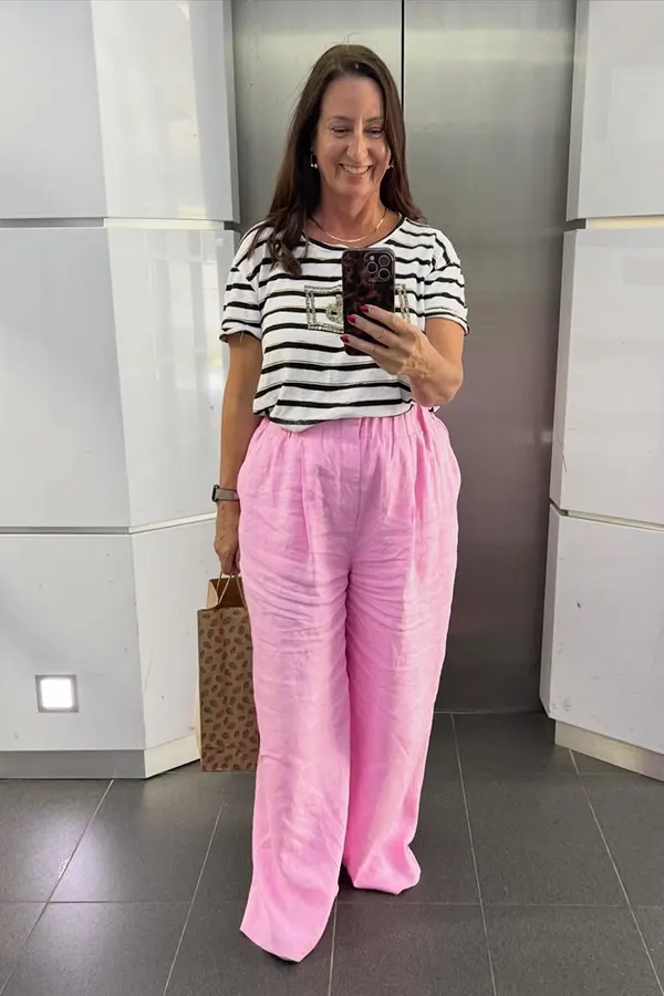 Striped Tee With Soft Pink Linen Pants