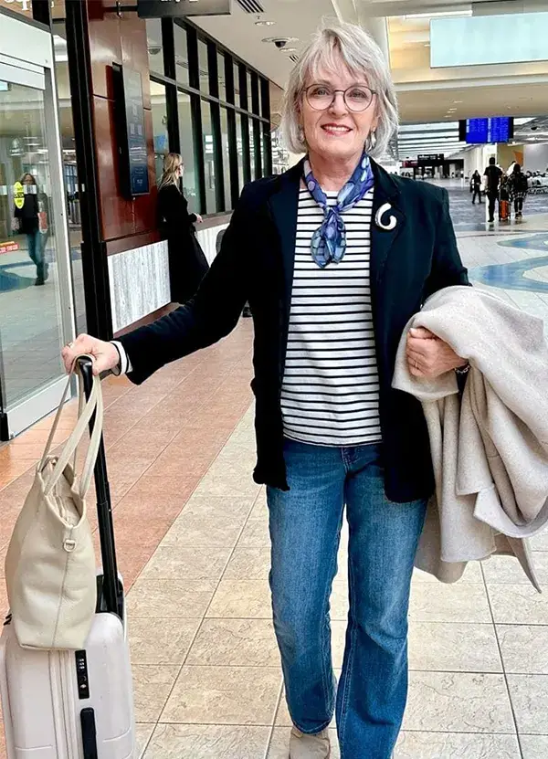 Striped Top With Navy Cardigan And Jeans