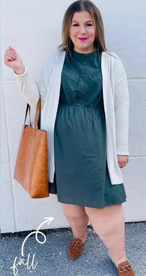 Teal Dress With White Cardigan Layer