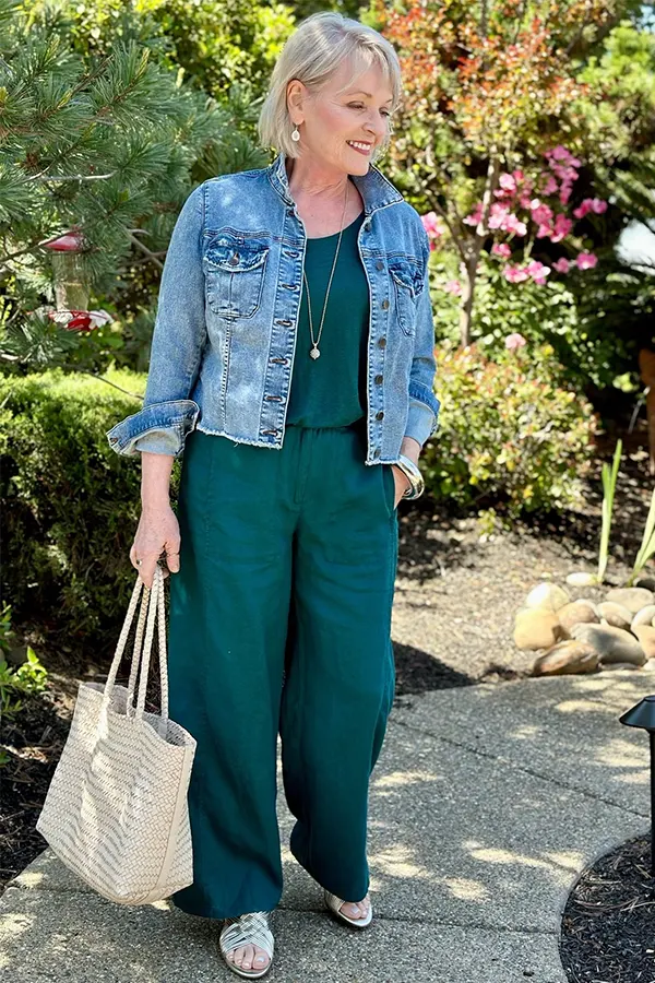 Teal Trousers With A Denim Jacket