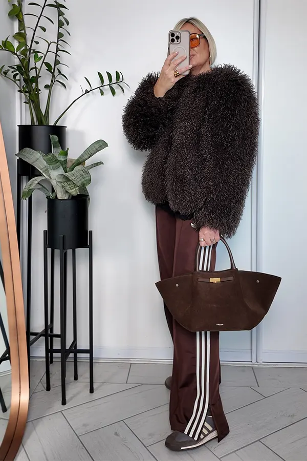 Textured Black Sweater With Brown Trousers And Sneakers
