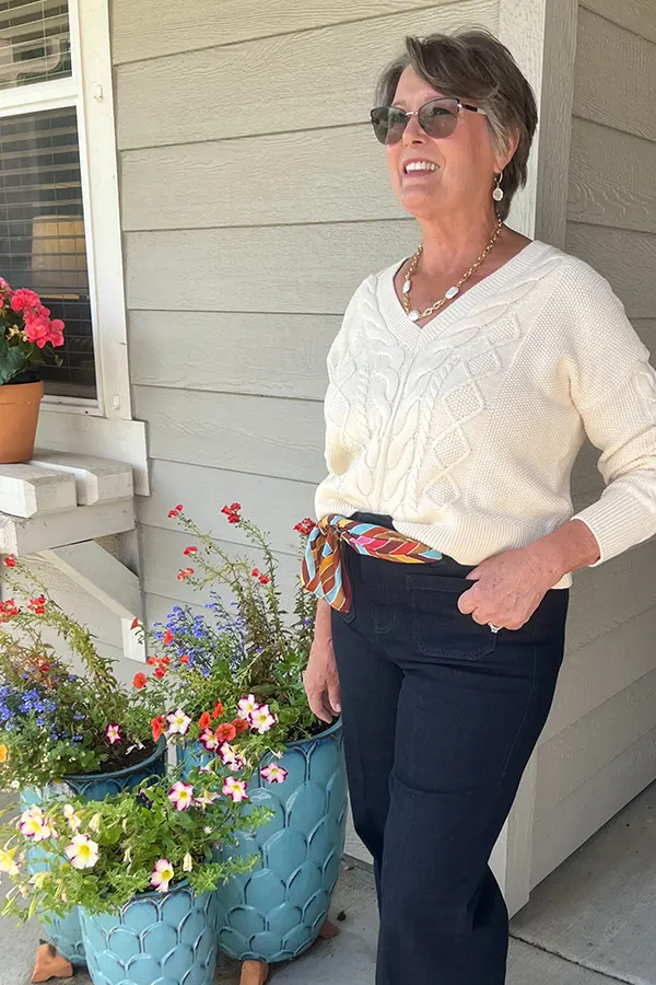 Textured White Sweater With Navy Pants
