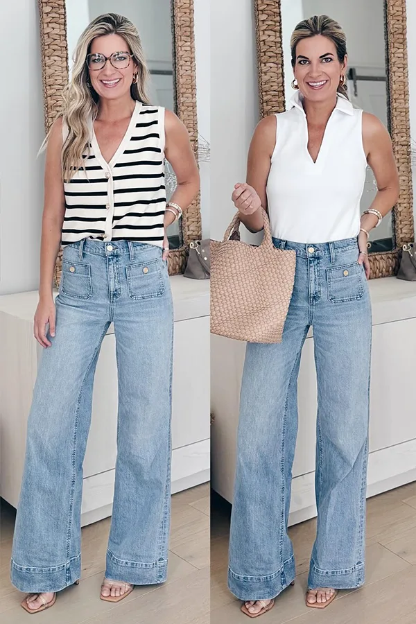 Easy Tops With Wide Leg Sky Blue Jeans