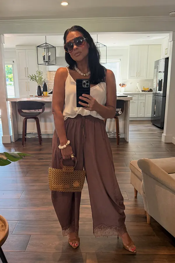Try A Relaxed Brown Midi Dress With A Woven Bag