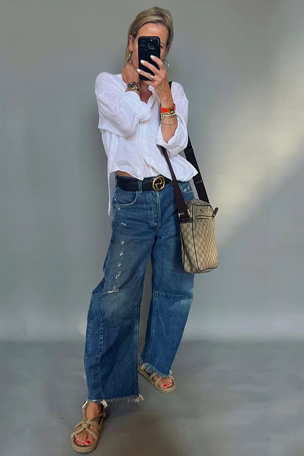 White Button-Up With Cuffed Wide Bottom Jeans