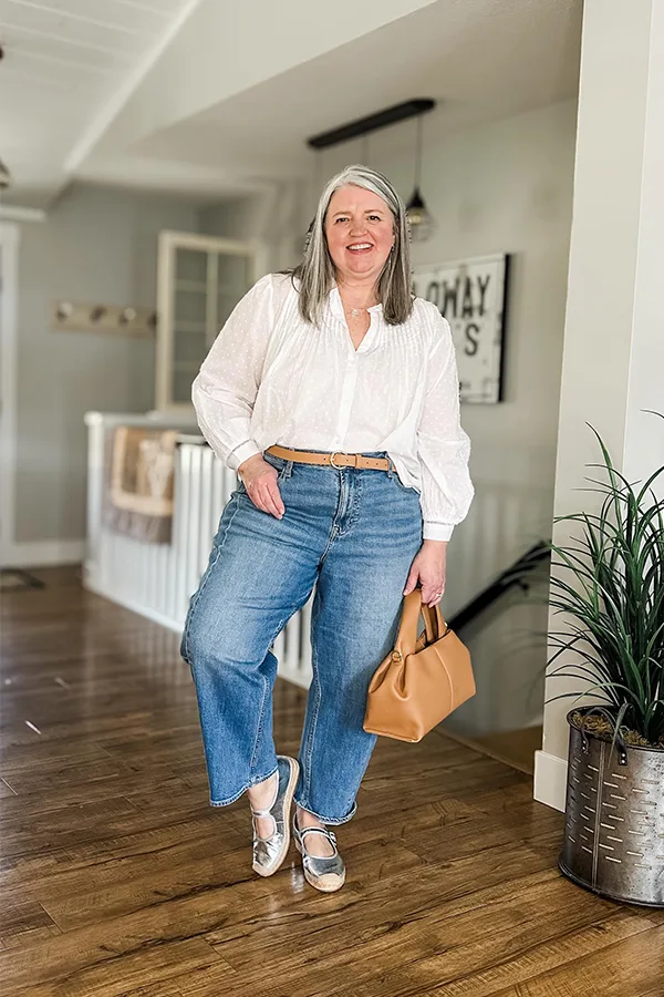 White Button Up And Cuffed Jeans With Loafers