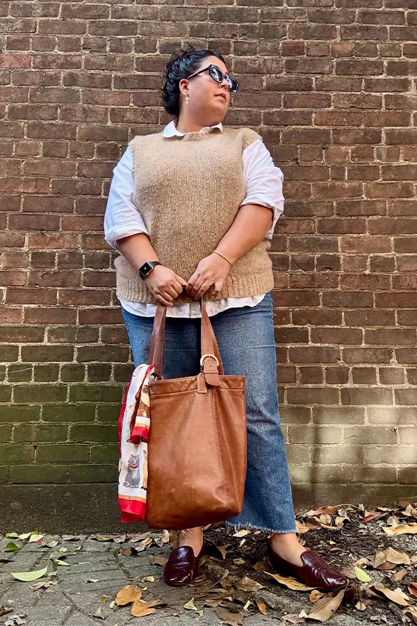 White Knit Sweater With Wide Leg Skirt And Brown Accessories