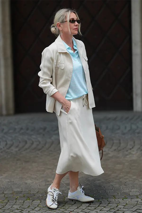 White Midi Dress With A Pale Blazer And Sneakers