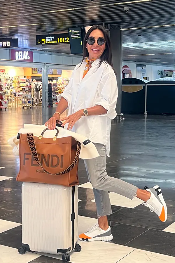 White Shirt And Gray Pants With Sporty Travel Details