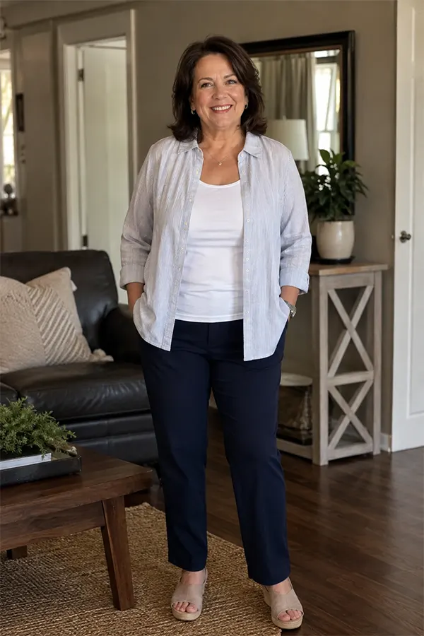 White Shirt Layer Over A White Top With Navy Pants