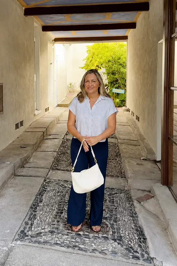 White Short Sleeve Blouse With Dark Blue Wide Leg Pants