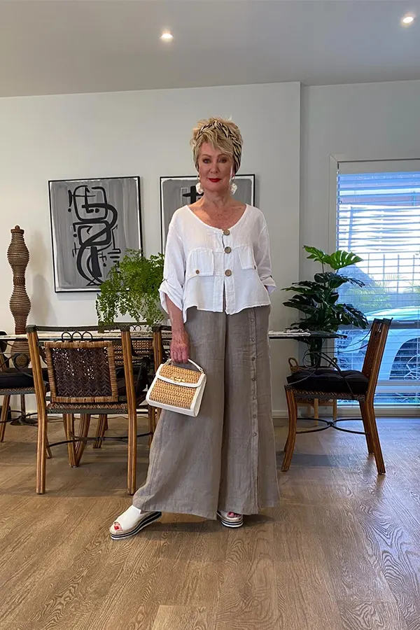 White Top With Wide Gray Pants