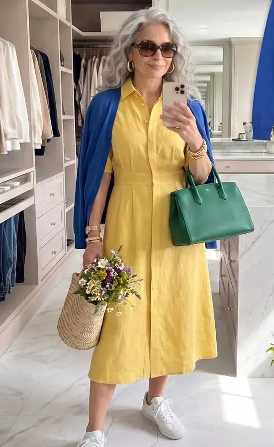Yellow Shirt Dress With A Blue Cardigan