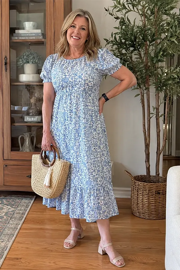 A Blue Floral Midi Dress With A Soft Easy Shape