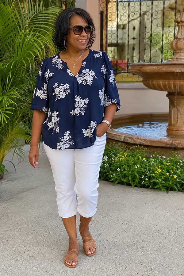 A Navy Floral Top With White Pants
