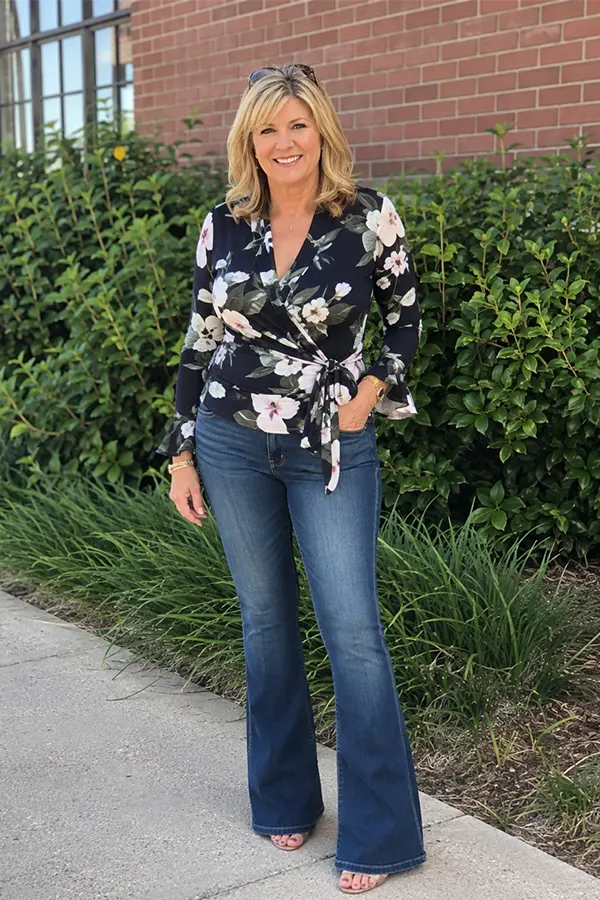A Navy Floral Tunic With Flared Jeans